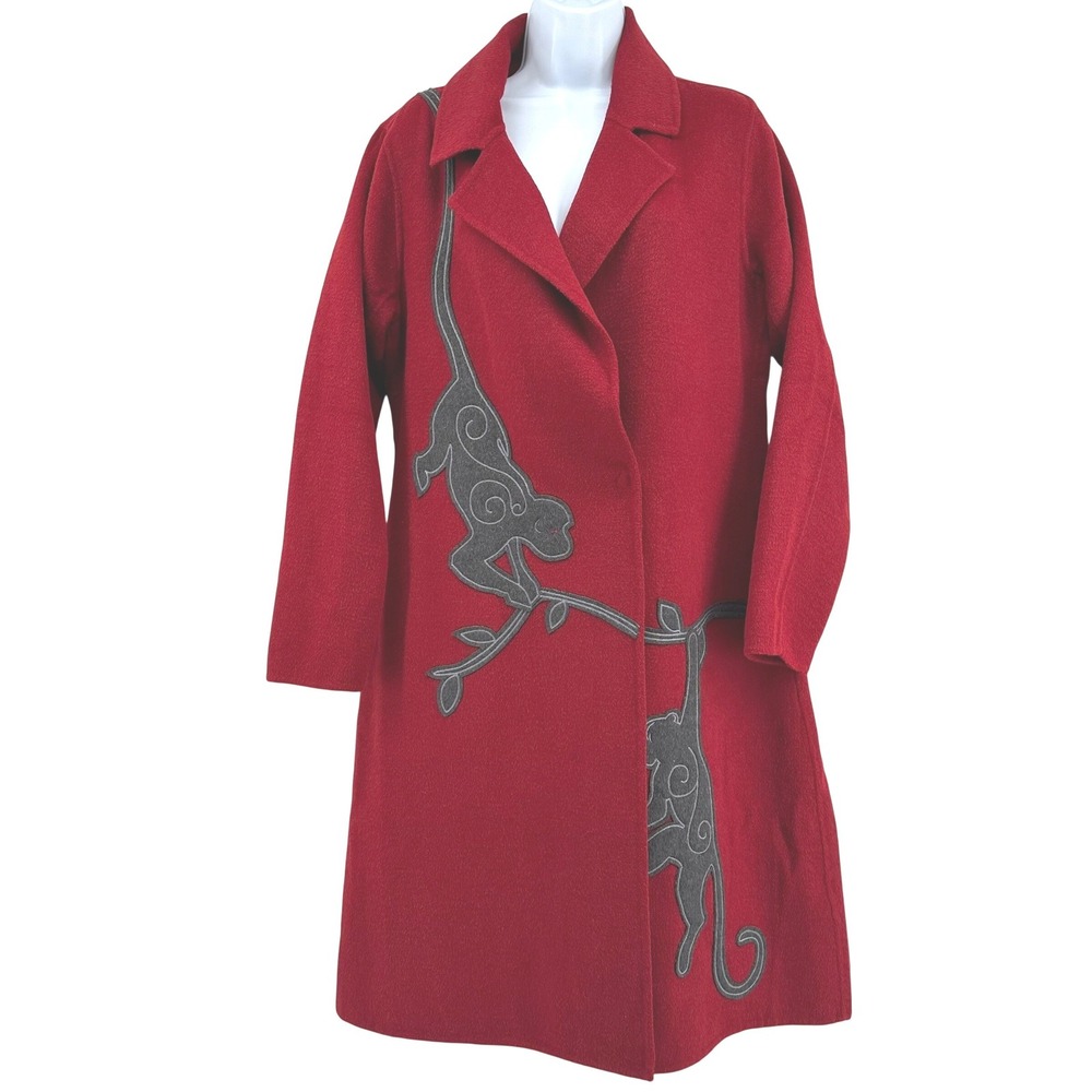 Rara‎ Avis by Iris Apfel Monkey Applique Coat Womens M Red Whimsy Maximal Artsy
